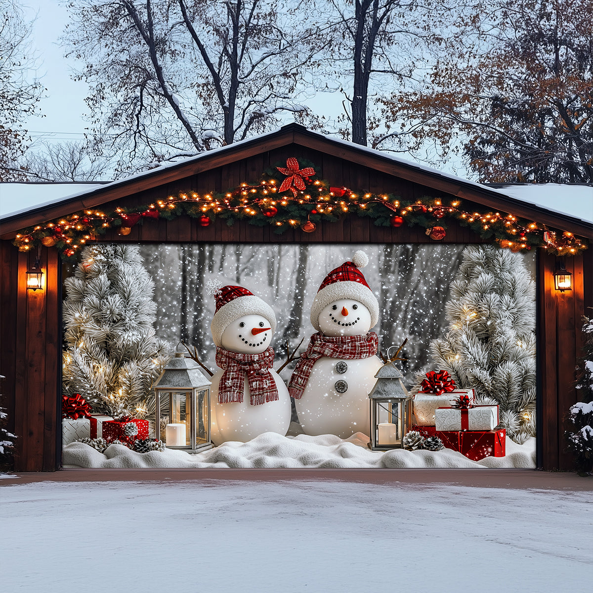 Shineful Garage Door Banner Decoration Winter Forest Cheerful Snowman Couple
