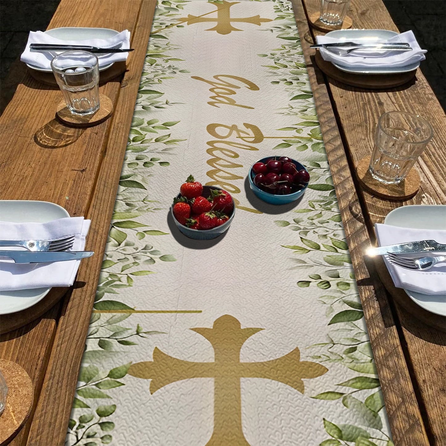 Shineful 2D Flat Print Quilted Table Runner Faithful Blessings Cross