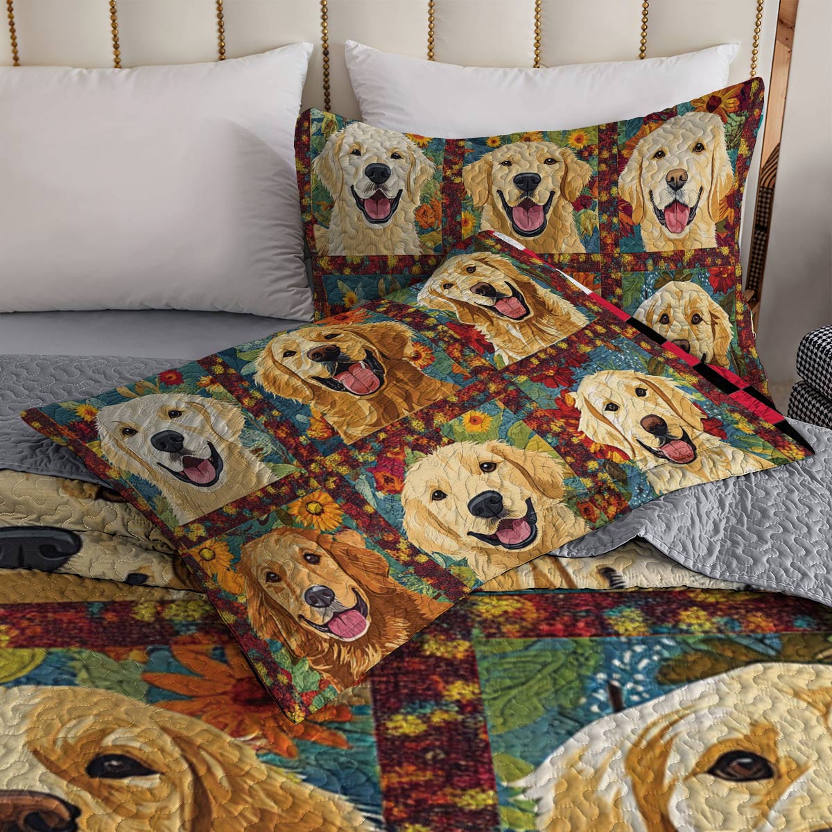 Shineful All Season Quilt 3-Piece Set Cute Golden Retriever