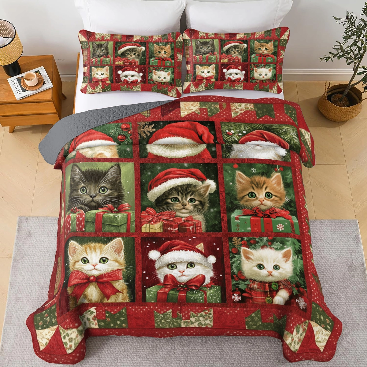 Shineful All Season Quilt 3-Piece Set Christmas Kitty Joy