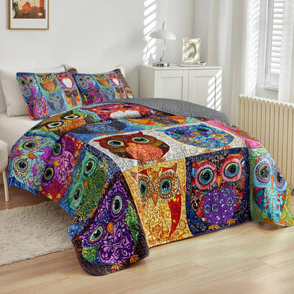 Shineful All Season Quilt 3-Piece Set Colorful Owls World