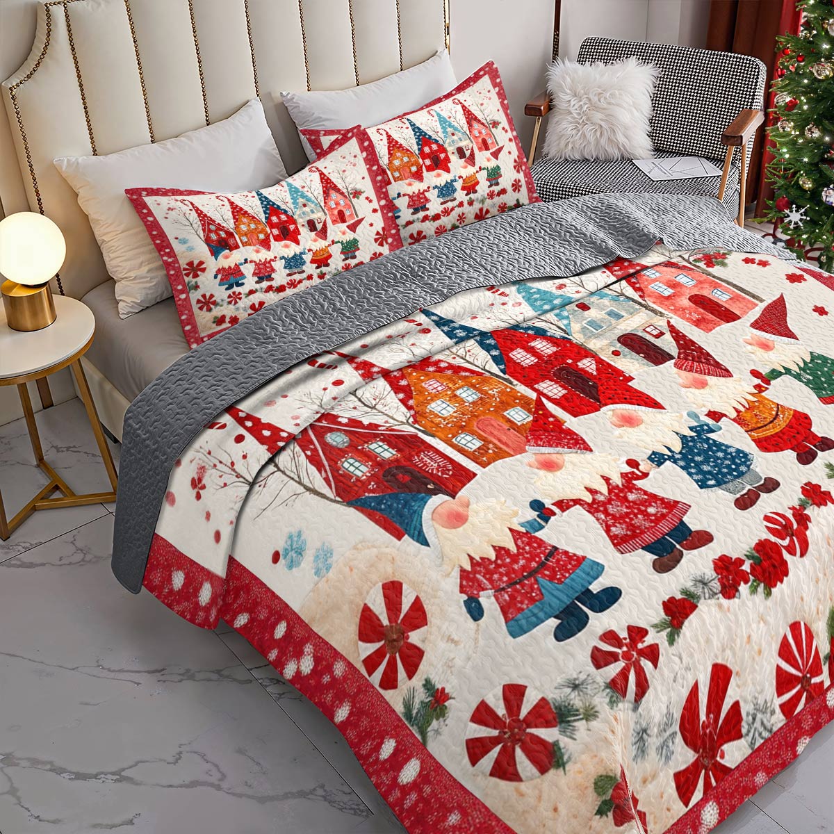 Shineful All Season Quilt 3-Piece Set Happy Gnomes Christmas