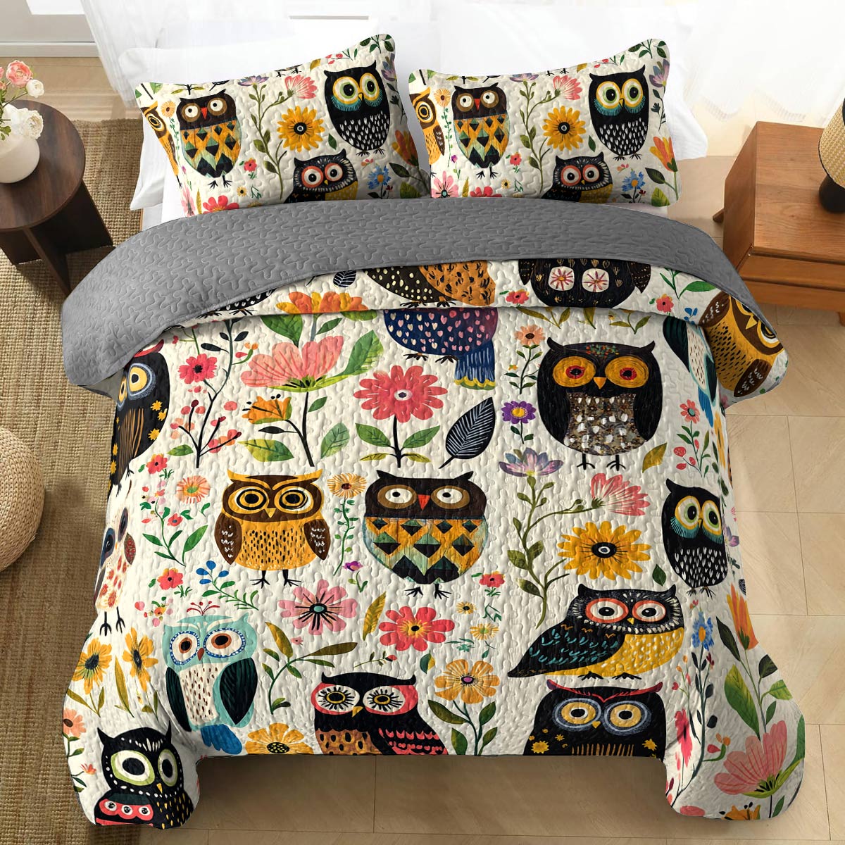 Shineful All Season Quilt 3-Piece Set Gentle Flowers Owl