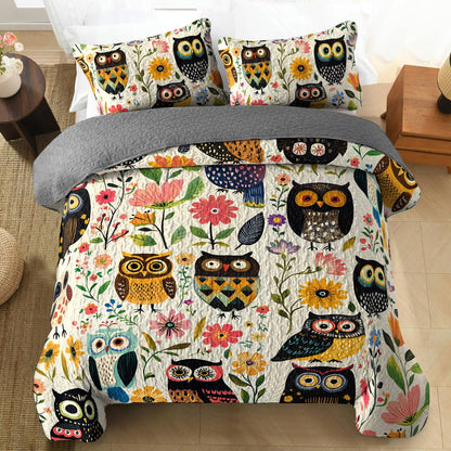 Shineful All Season Quilt 3-Piece Set Gentle Flowers Owl
