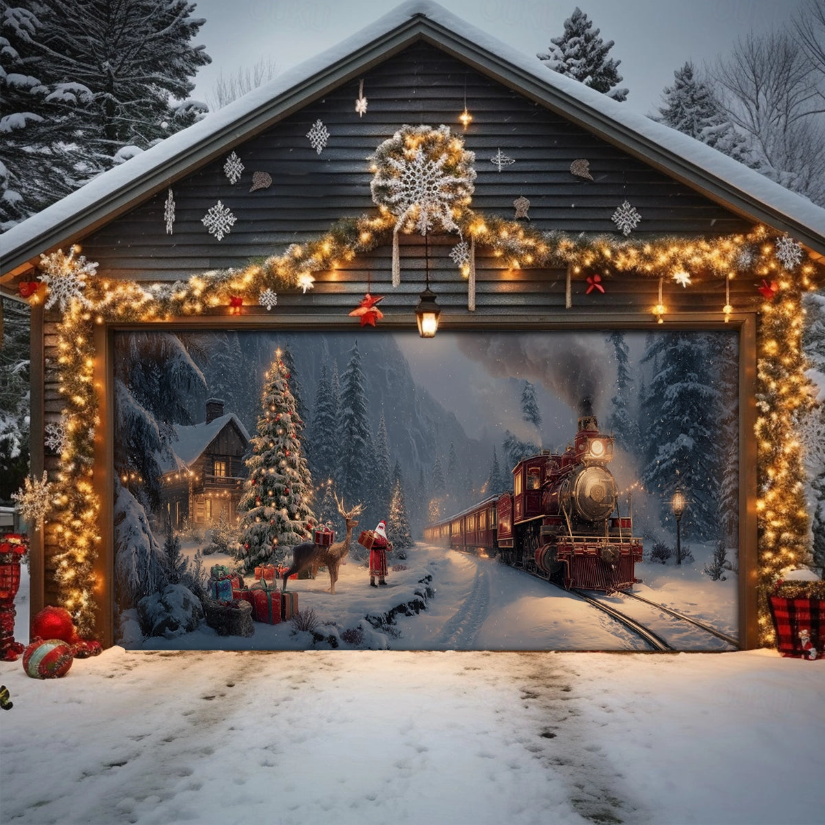 Shineful Garage Door Banner Decoration Christmas Cabin Express
