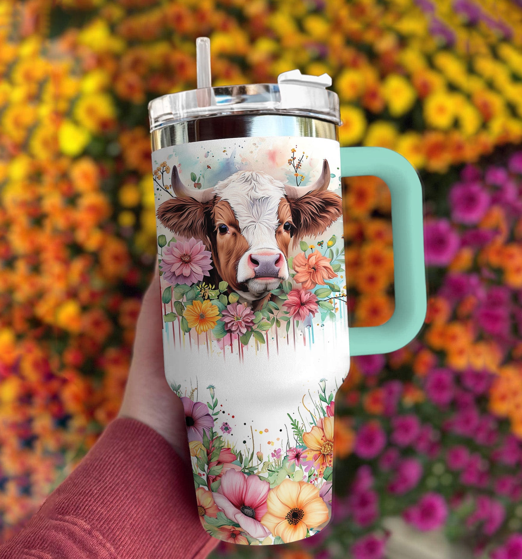 Highland Cow Turtle Of 40 Oz Shineful™ Tumbler Floral Nl09 Turquoise Blue 40Oz