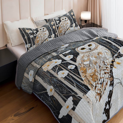 Shineful Flat Print All Season Quilt 3-Piece Set Charming Owl White Flowers Winter