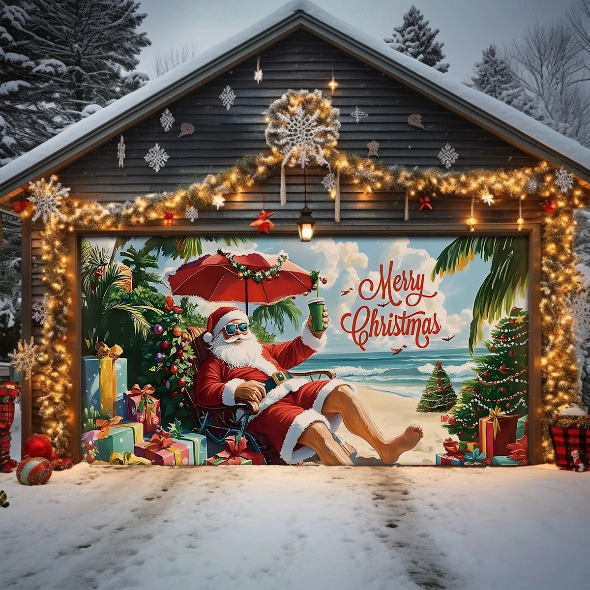 Shineful Garage Door Banner Decoration Beachside Christmas with Santa