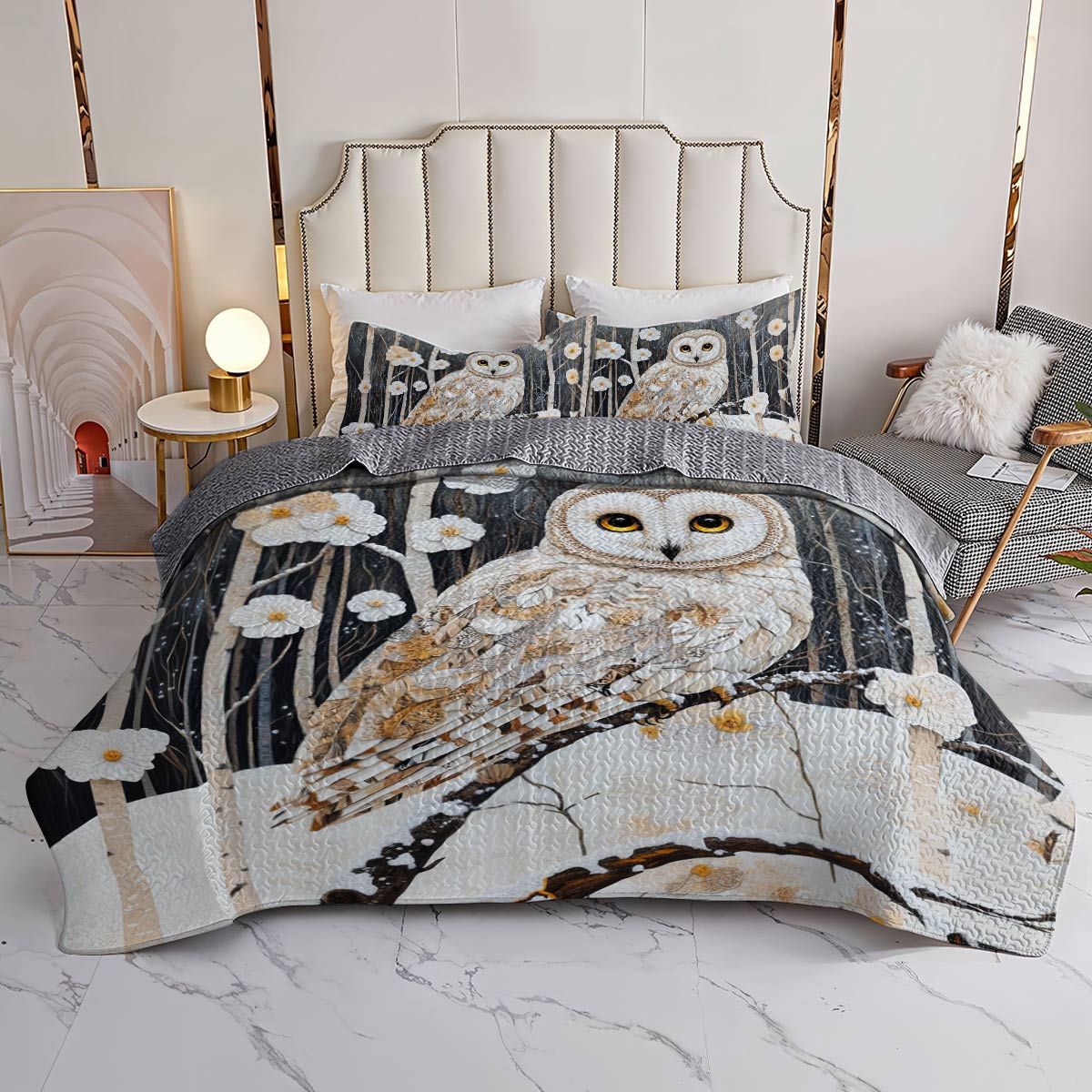 Shineful Flat Print All Season Quilt 3-Piece Set Charming Owl White Flowers Winter