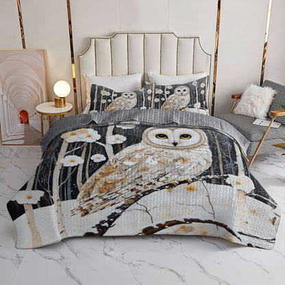 Shineful Flat Print All Season Quilt 3-Piece Set Charming Owl White Flowers Winter