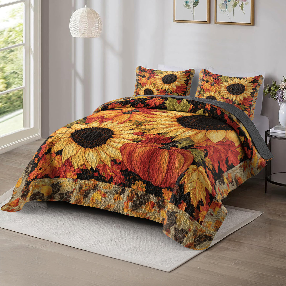 Shineful All Season Quilt 3-Piece Set Autumn Sunflower & Pumpkin
