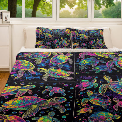 Shineful All Season Quilt 3-Piece Set Neon Bubble Sea Turtle