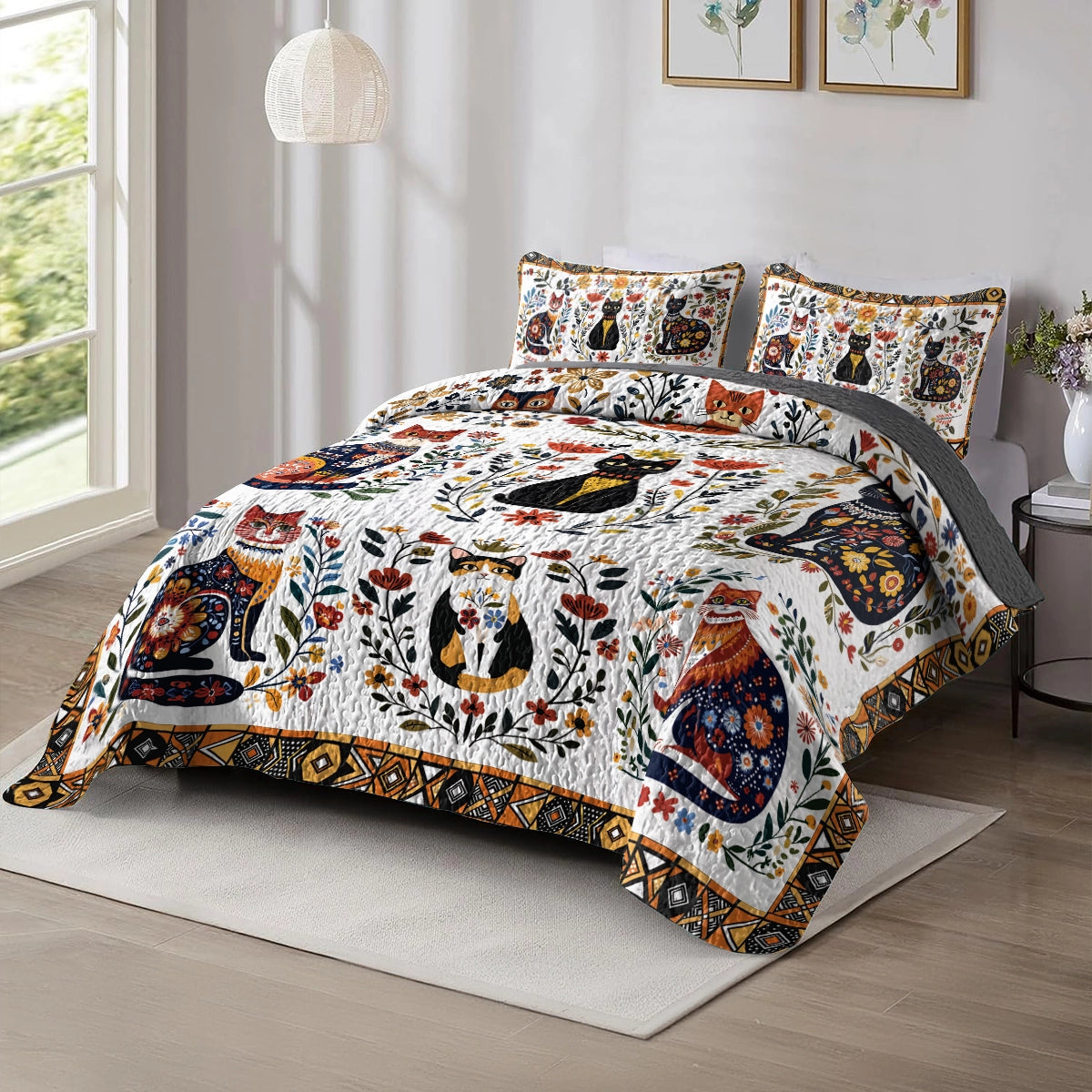 Shineful All Season Quilt 3-Piece Set Folk Art Cat Garden