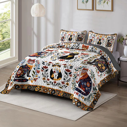 Shineful All Season Quilt 3-Piece Set Folk Art Cat Garden