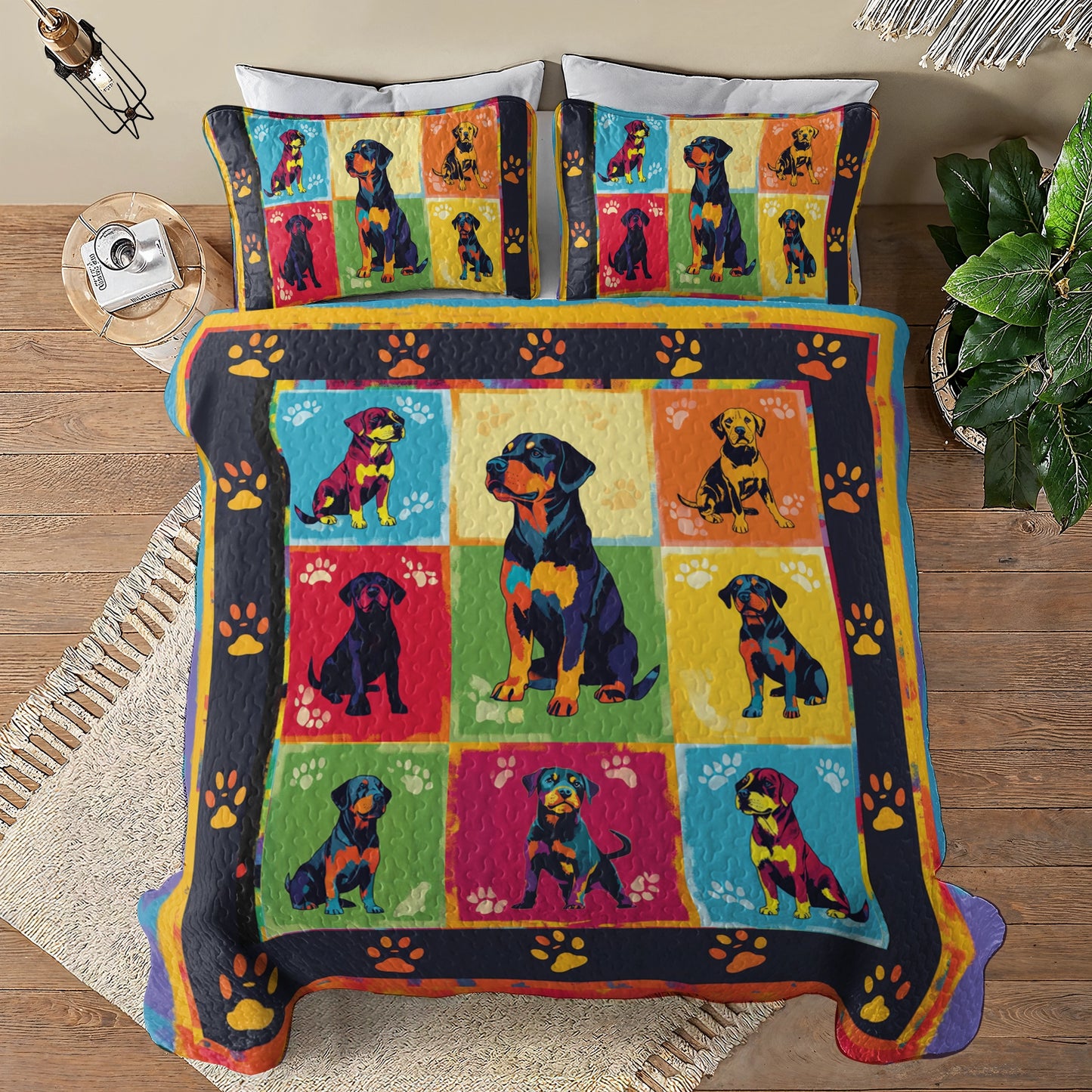 Shineful All Season Quilt 3-Piece Set Rottweiler Rainbow Comforter