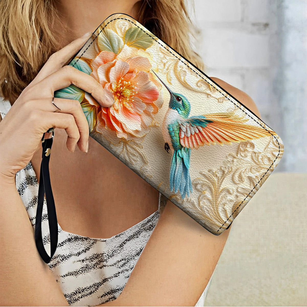 Shineful Leather Clutch Purse With Wristlet Strap Handle Golden Bloom Hummingbird