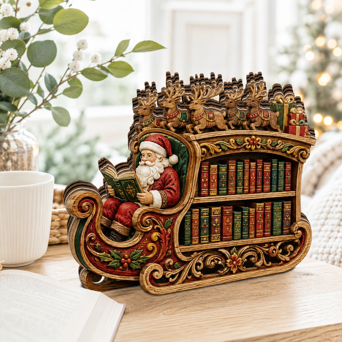 Shineful Santa Sleigh Bookshelf Custom Shape Wooden Block