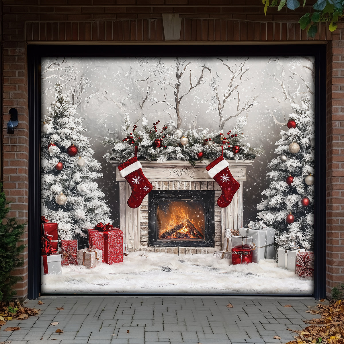 Shineful Garage Door Banner Decoration Cozy Christmas Fireplace