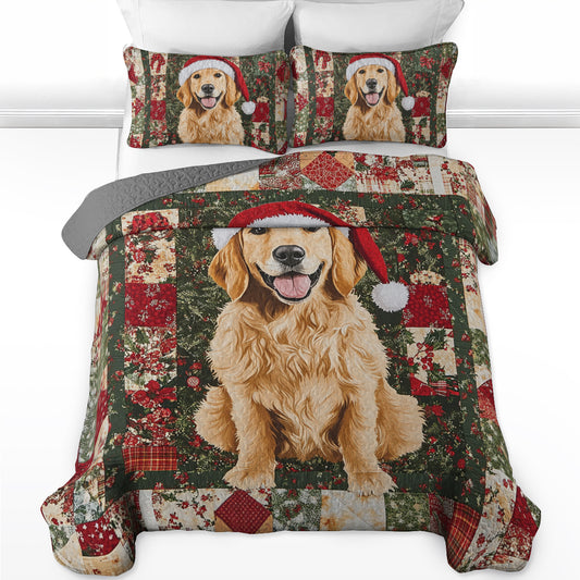 Shineful All Season Quilt 3-Piece Set Golden Retriever Christmas