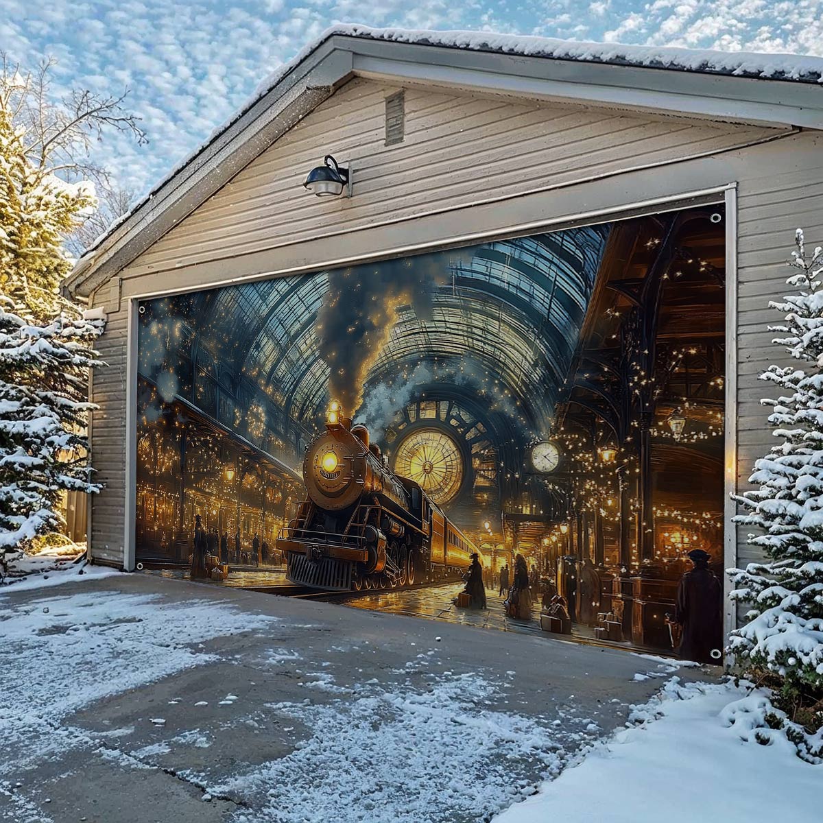Shineful Garage Door Banner Decoration Snowy Station