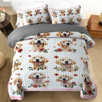 Shineful All Season Quilt 3-Piece Set - Golden with Flowers