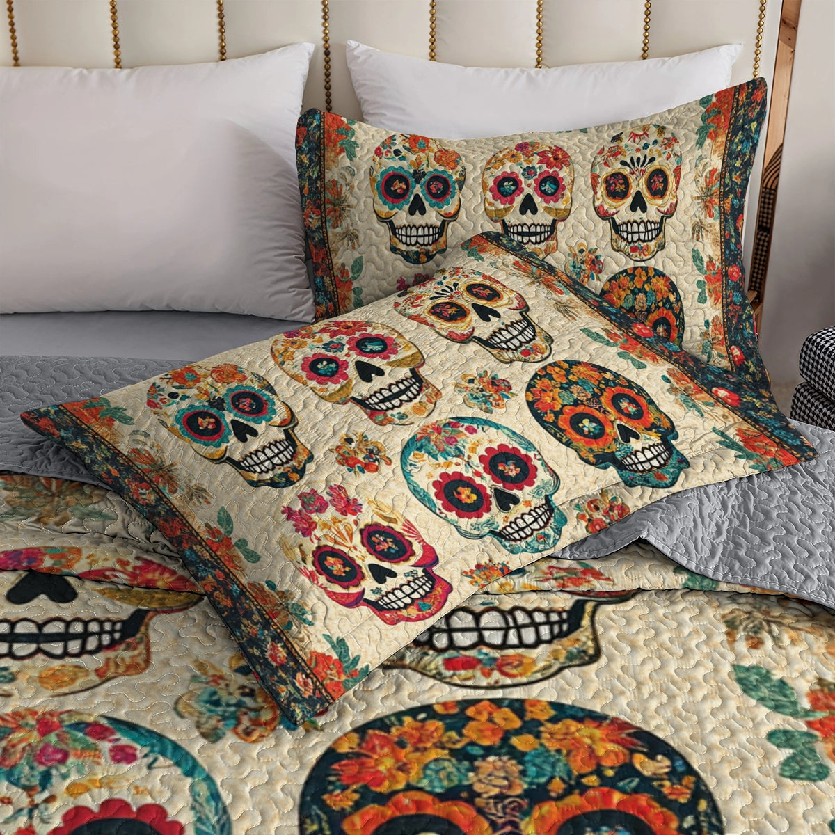 Shineful All Season Quilt 3-Piece Set Vintage Skull Bouquet