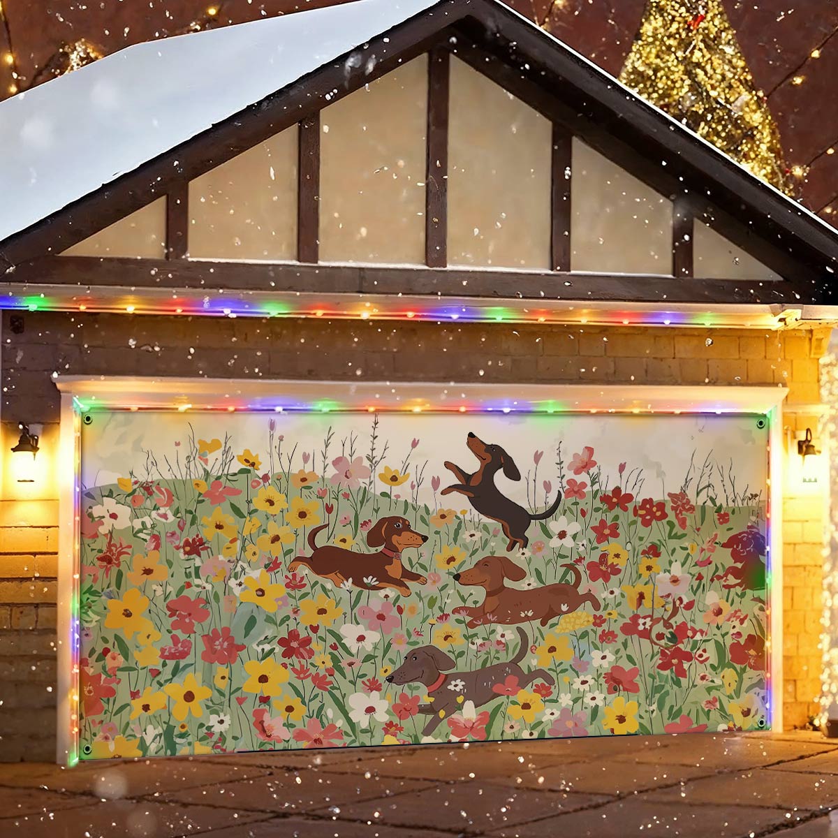 Shineful Garage Door Banner Decoration Dachshund In Flower Garden