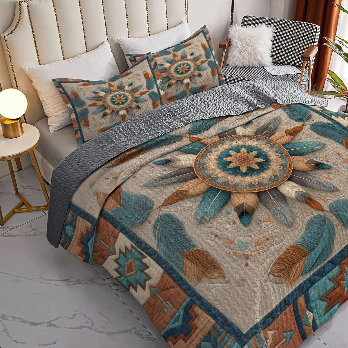 Shineful All Season Quilt 3-Piece Set Feather Mandala