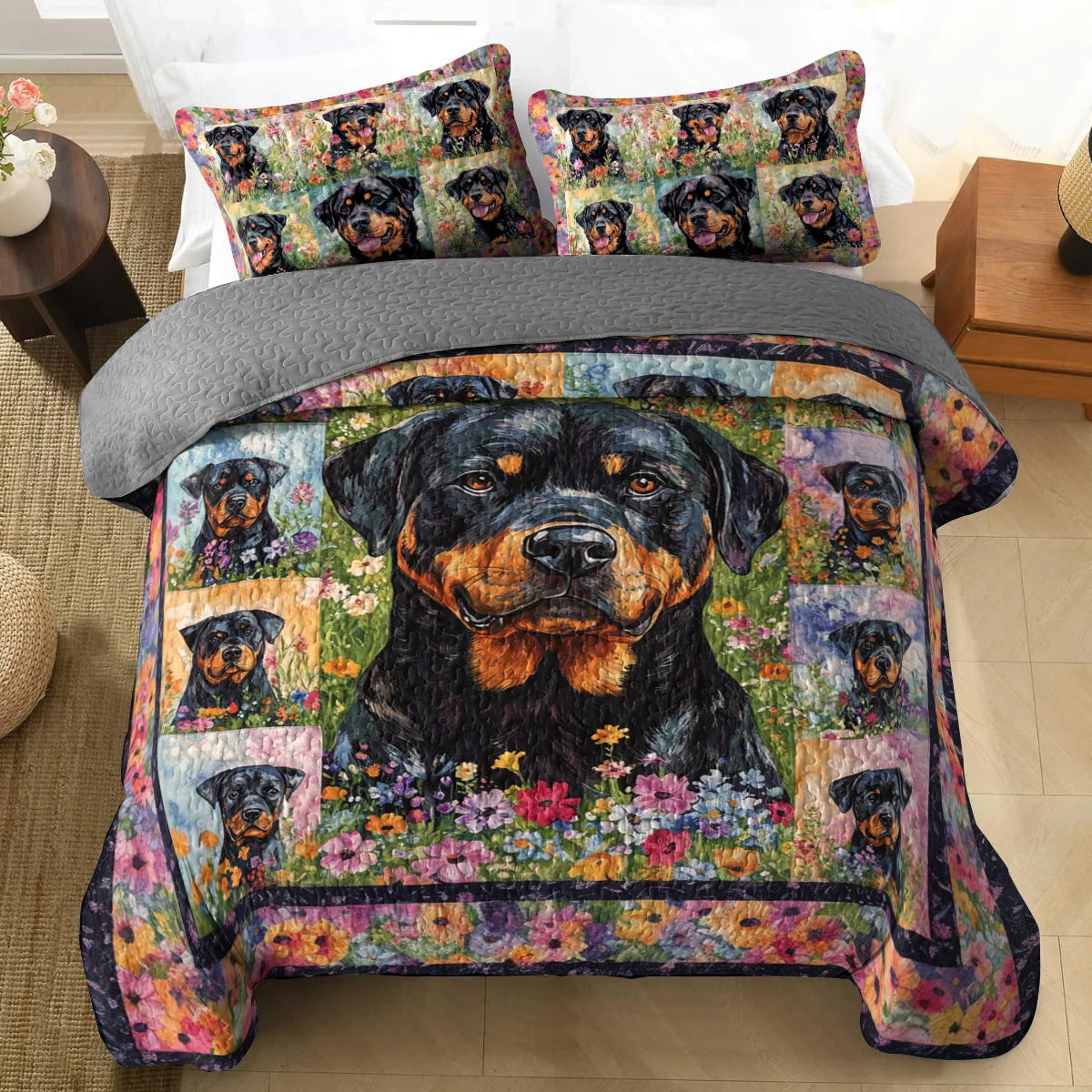Shineful All Season Quilt 3-Piece Set - Rottie In The Garden