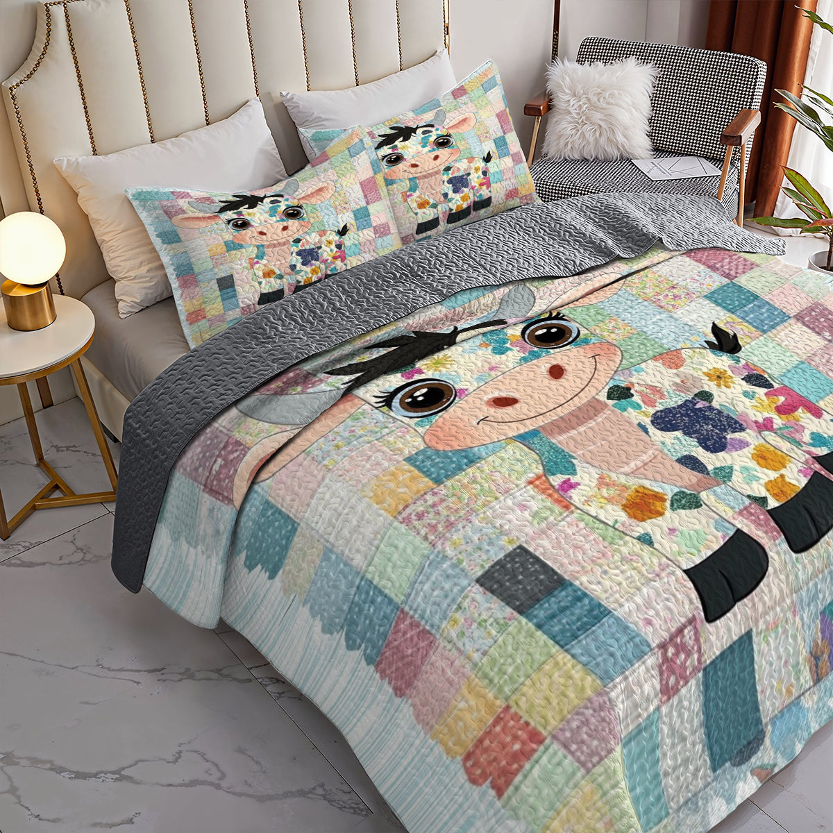 Shineful All Season Quilt 3-Piece Set Adorable Patchwork Cow