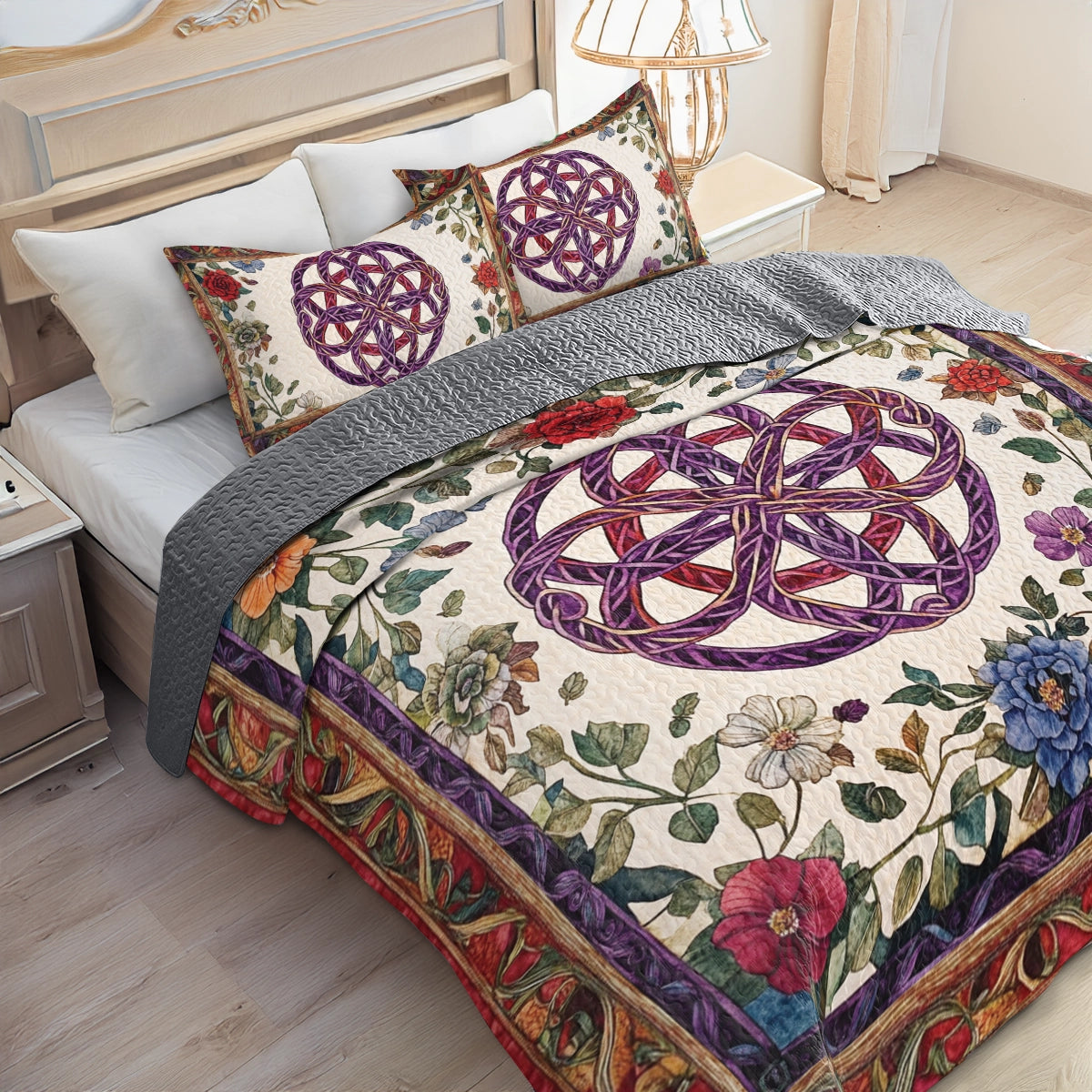 Shineful All Season Quilt 3-Piece Set Floral Celtic Knots