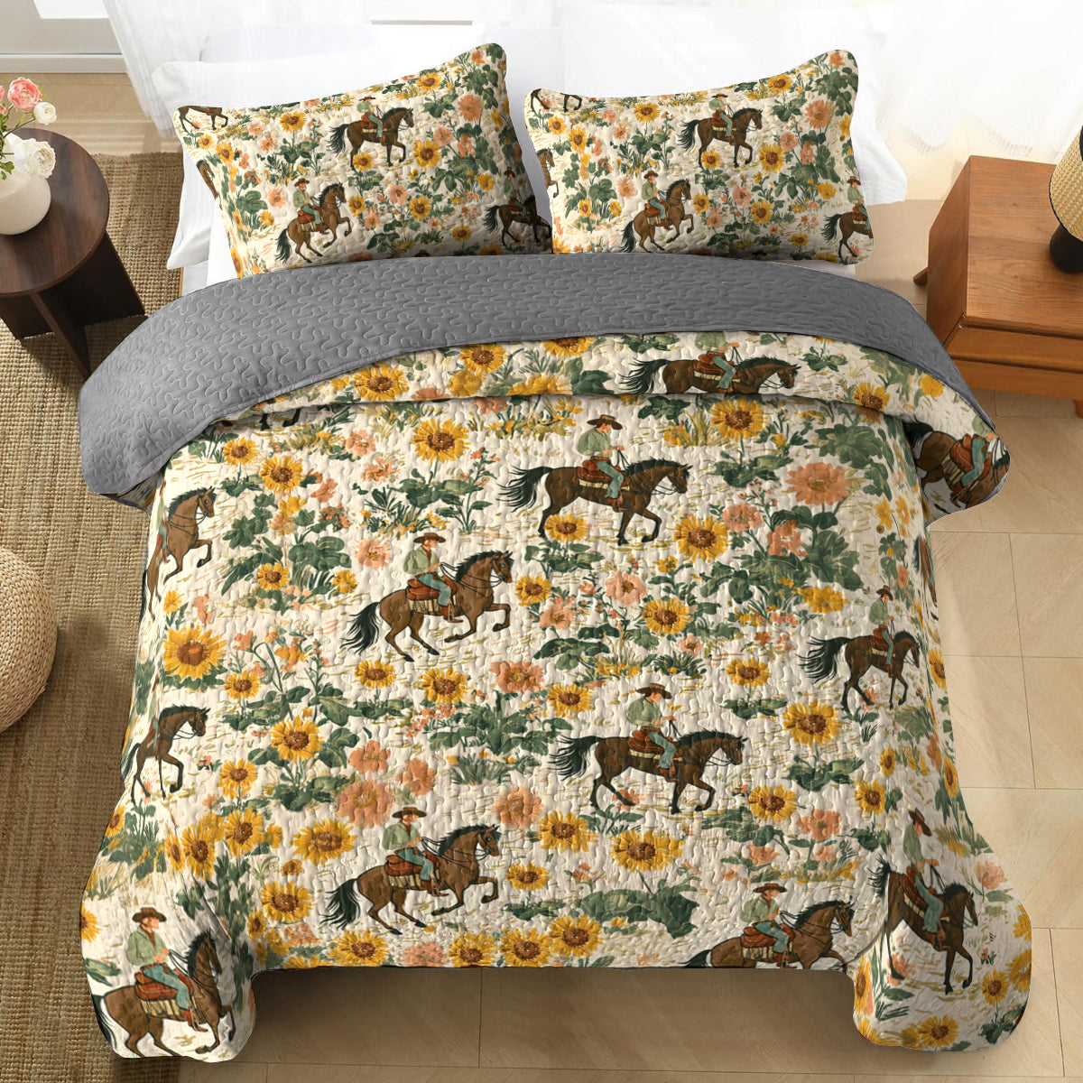 Shineful All Season Quilt 3-Piece Set Cowboy With Sunflower