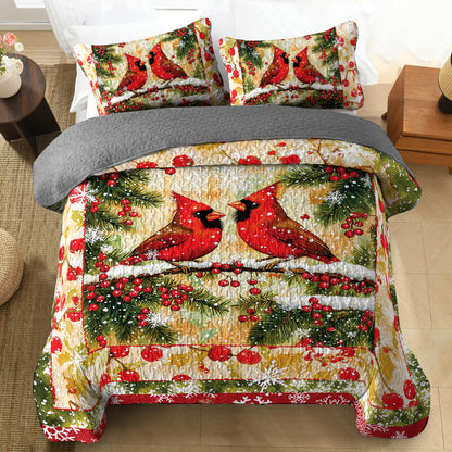 Shineful All Season Quilt 3-Piece Set - Cardinal Pair: Holiday Snowfall