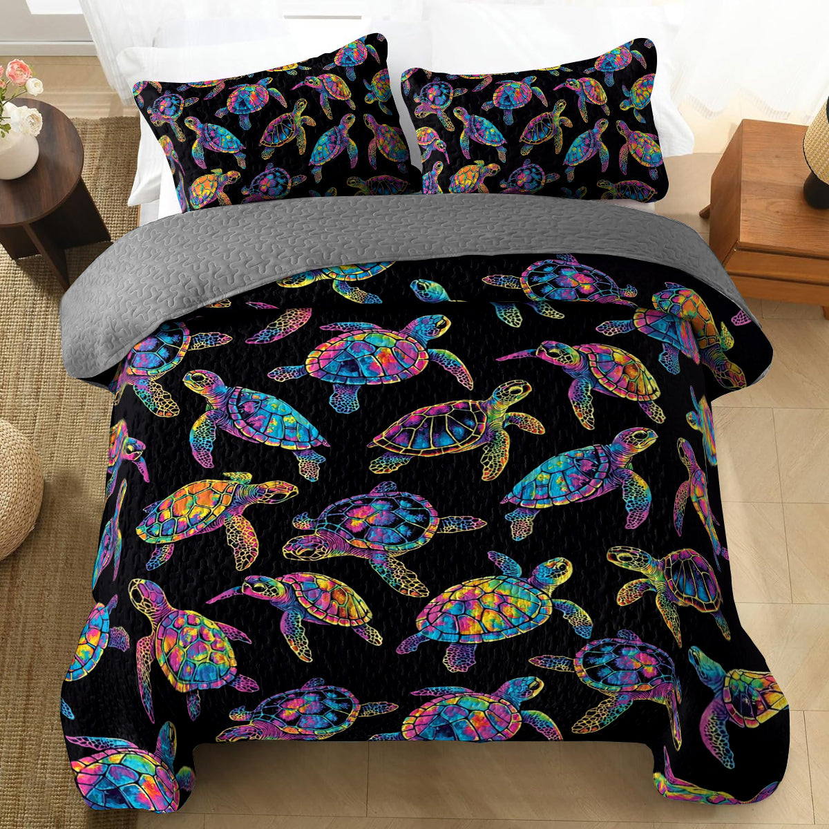 Shineful All Season Quilt 3-Piece Set Underwater Neon Sea Turtle