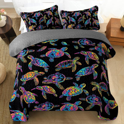 Shineful All Season Quilt 3-Piece Set Underwater Neon Sea Turtle