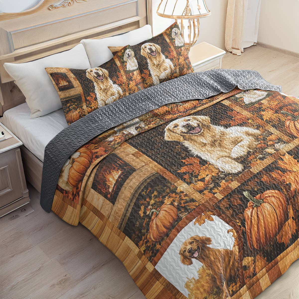 Shineful All Season Quilt 3-Piece Set - Golden Retriever - Golden Days Of Autumn