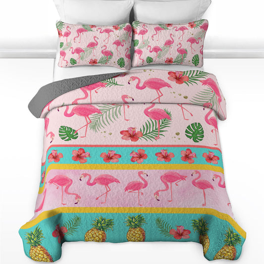 Shineful All Season Quilt 3-Piece Set Tropical Flamingo Bliss