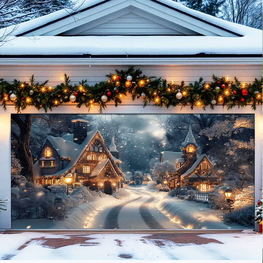 Shineful Garage Door Banner Decoration Snowy Christmas Cottage Scene