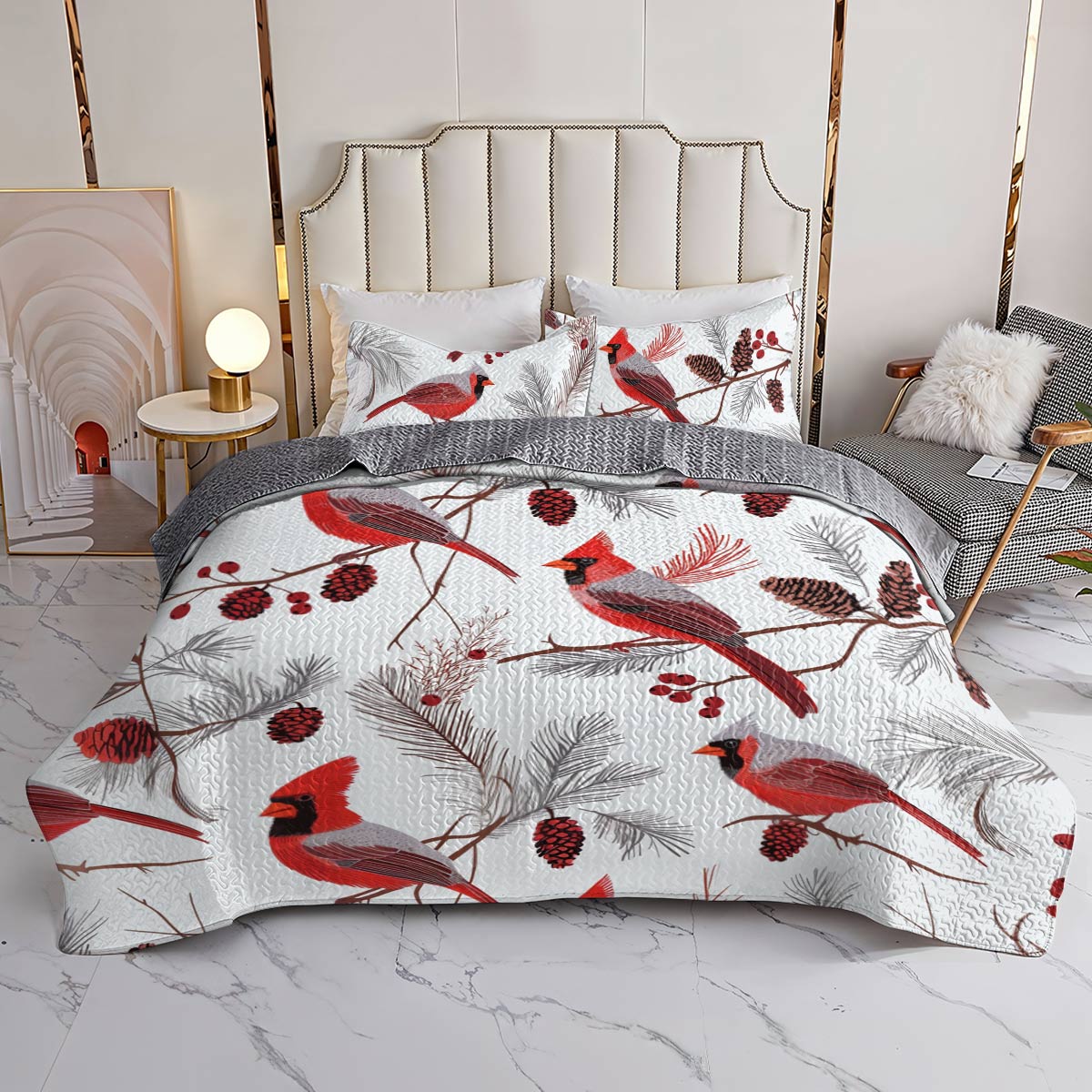 Shineful All Season Quilt 3-Piece Set Gentle Cardinals Lovely