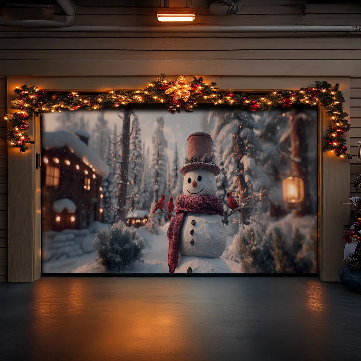 Shineful Garage Door Banner Decoration Snowman & Cardinals Winter Cabin