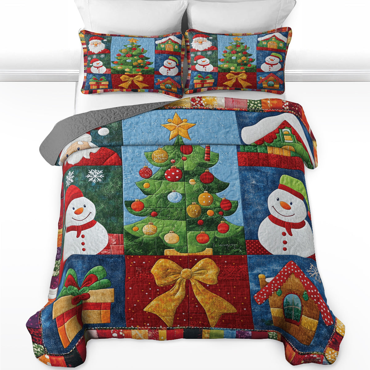 Shineful All Season Quilt 3-Piece Set Festive Snowman & Christmas Tree