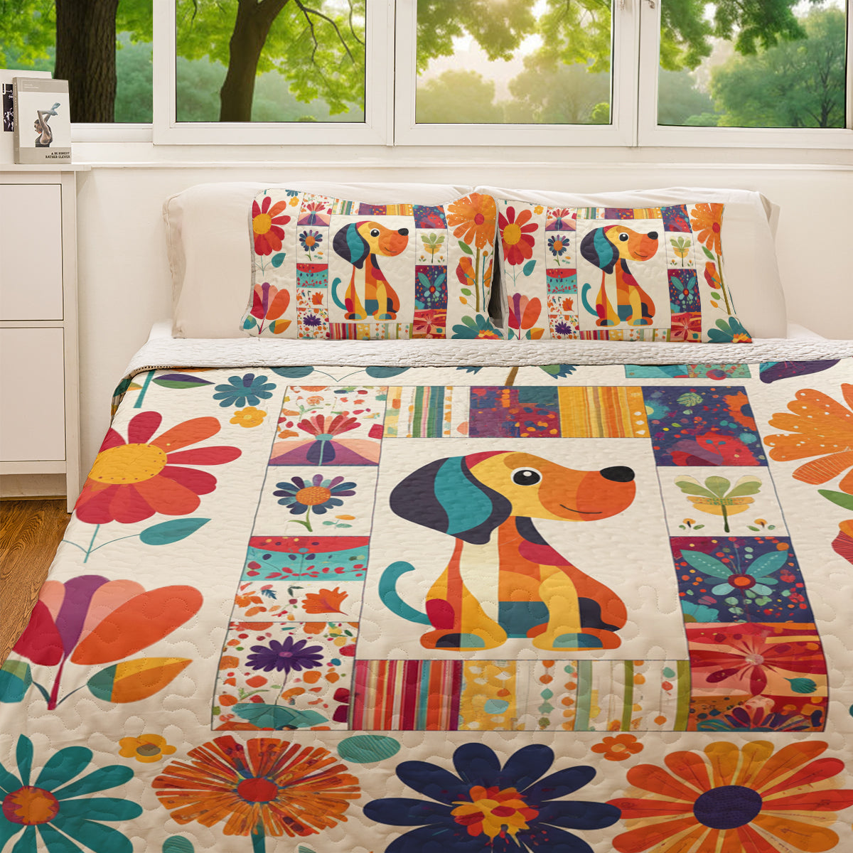 Shineful All Season Quilt 3-Piece Set Floral Dachshund Ver 2