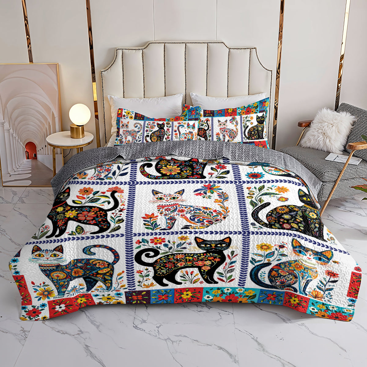 Shineful All Season Quilt 3-Piece Set - Folk Art Feline Quilt