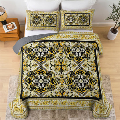 Shineful All Season Quilt 3-Piece Set Golden Honeycomb Elegance