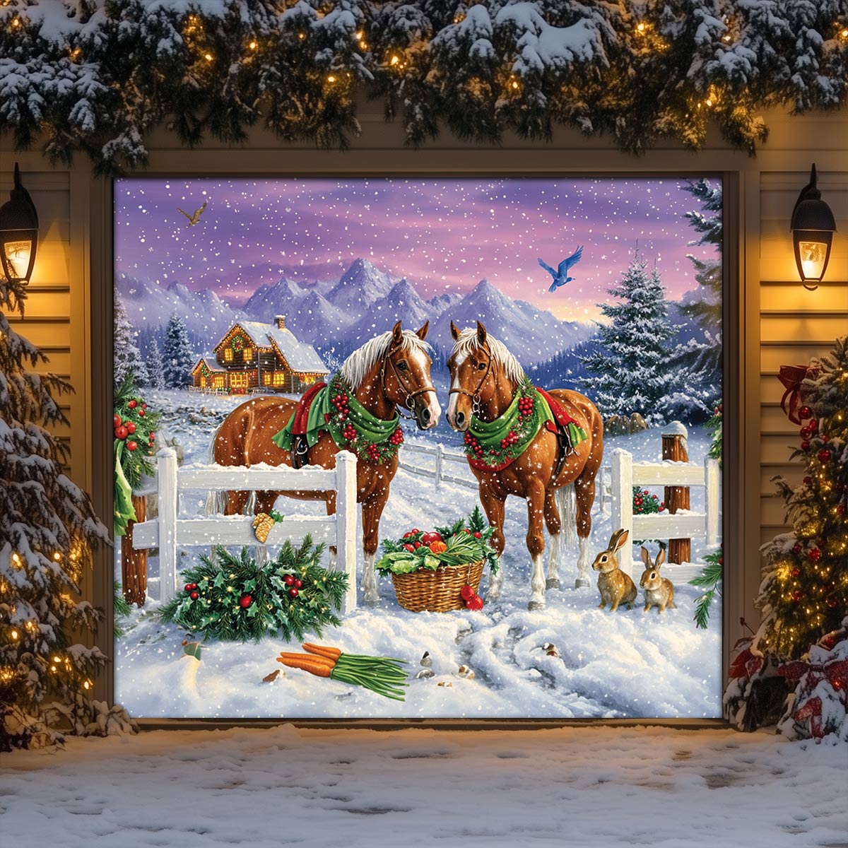 Shineful Garage Door Banner Decoration Festive Horses in Winter Wonderland