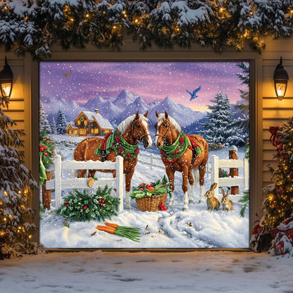 Shineful Garage Door Banner Decoration Festive Horses in Winter Wonderland