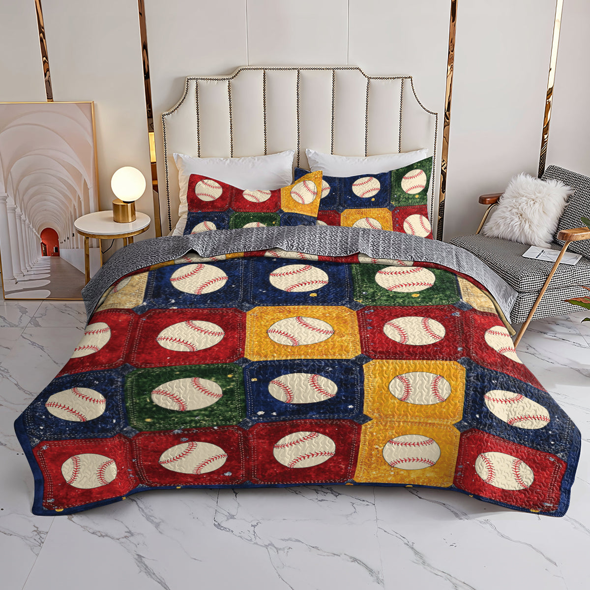 Shineful All Season Quilt 3-Piece Set Vintage Baseball Patchwork