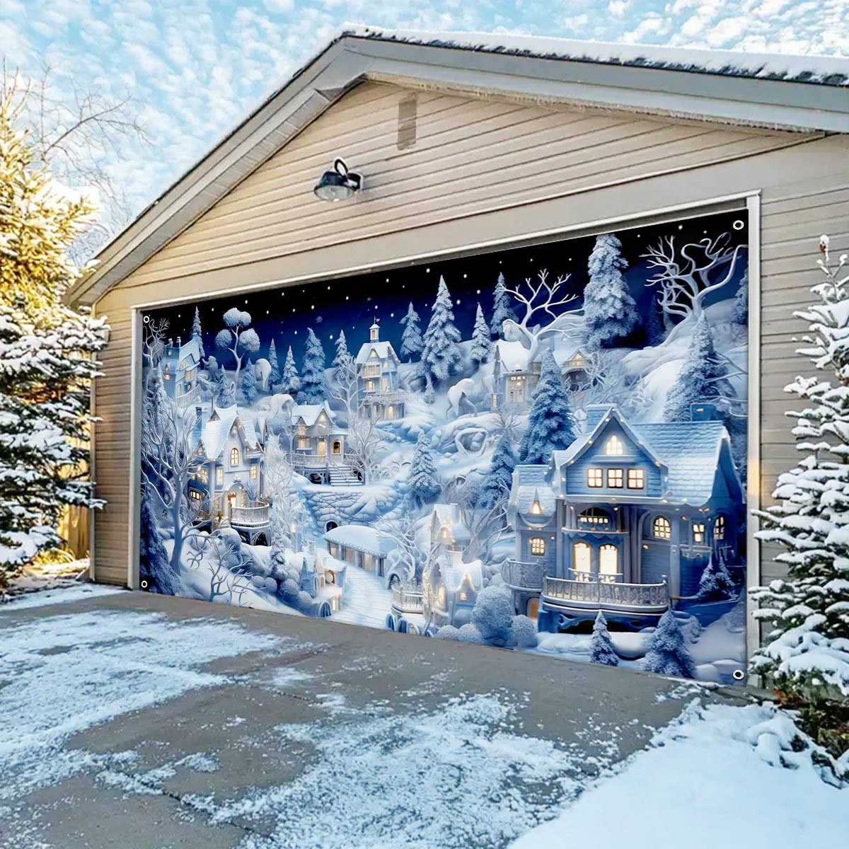 Shineful Garage Door Banner Decoration -  Snowy Village Glow