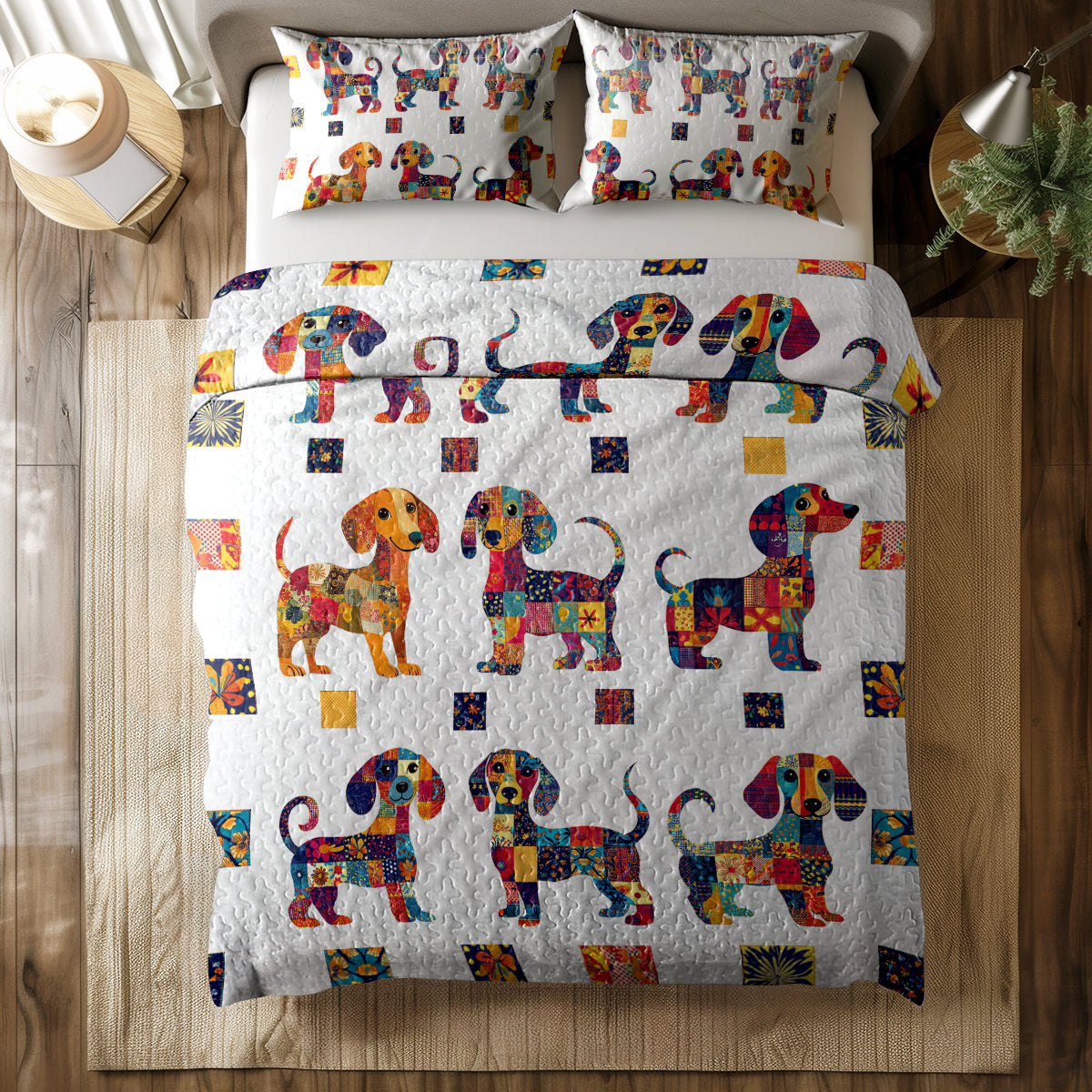 Shineful All Season Quilt 3-Piece Set Colorful Patchwork Dachshund