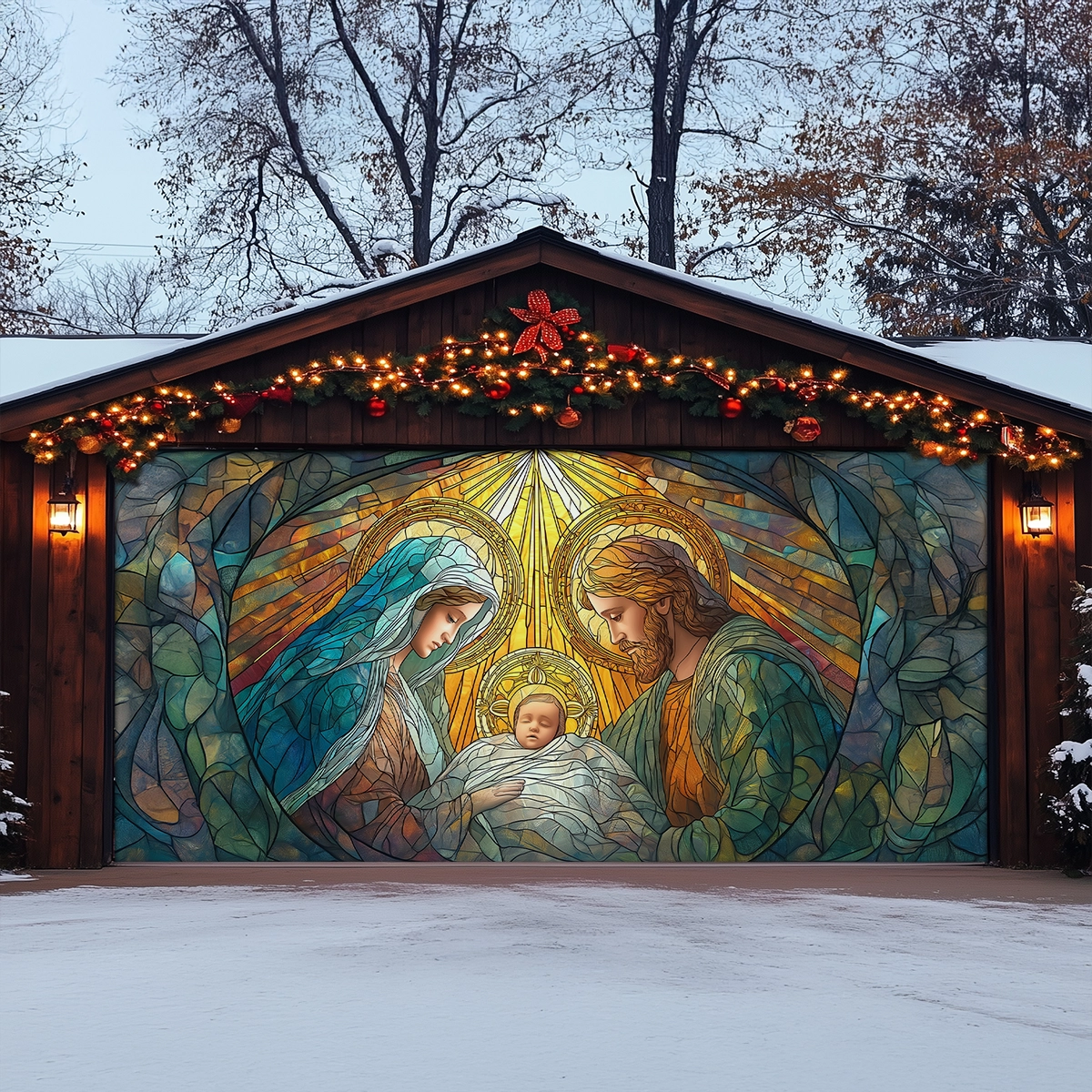 Shineful Garage Door Banner Decoration Holy Nativity Stained Glass